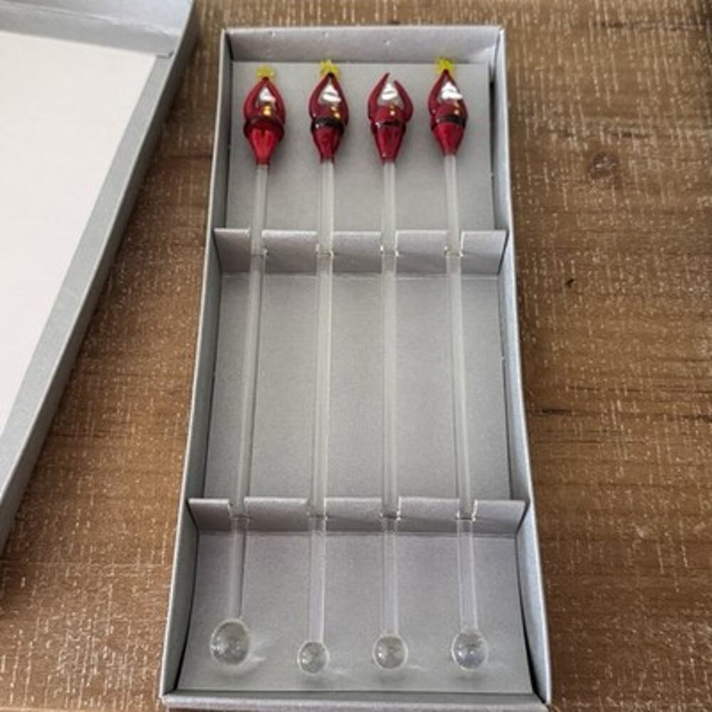 Pottery Barn Santa Glass Christmas Cocktail Stirrers Set of 4 Holiday Party